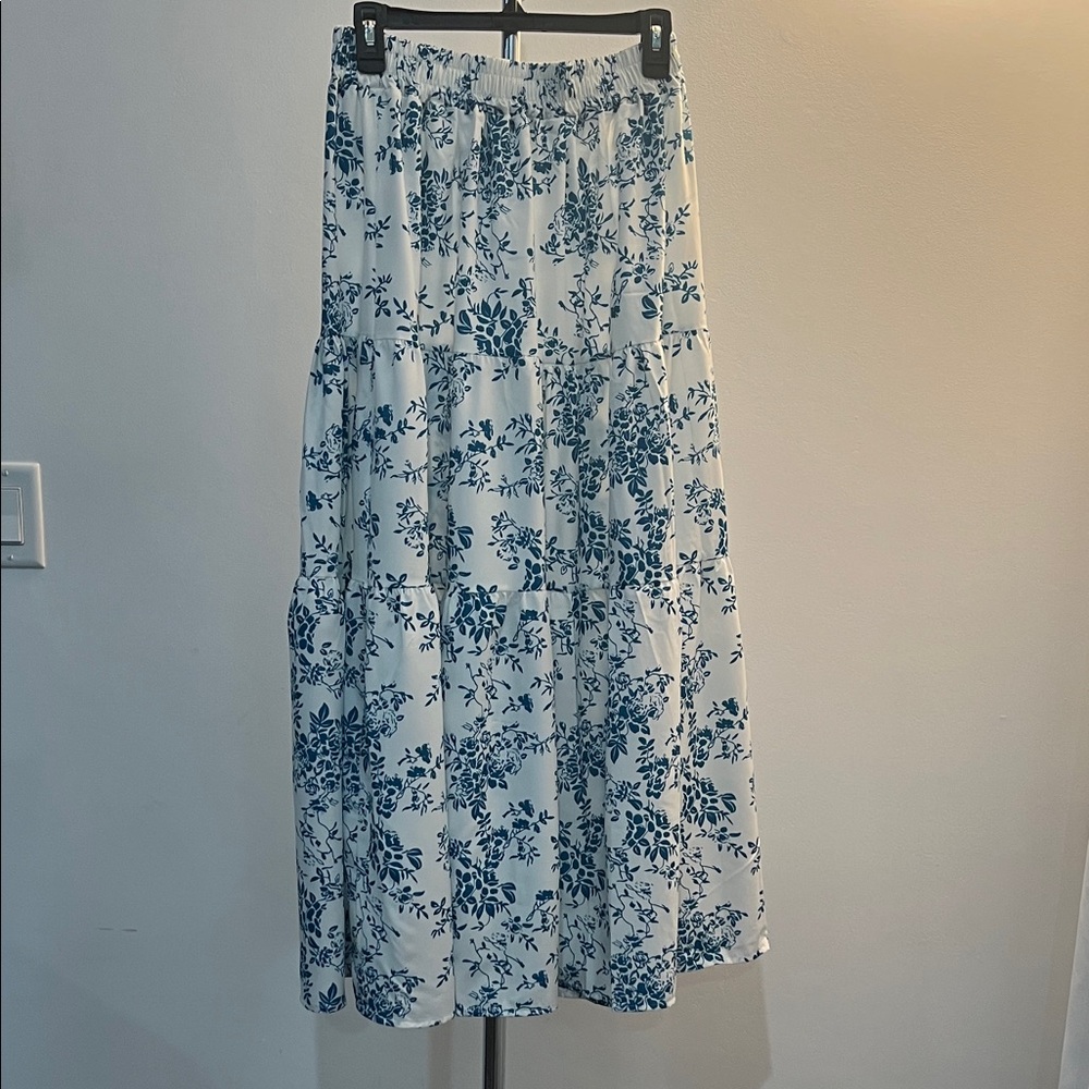 White and Blue Floral Tiered Maxi Skirt